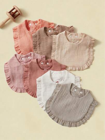 7pcs/Set Baby Bibs With Lace Trim, Pure Cotton Soft Fabric, Solid Colors In Pink Tones,Baby Gift.