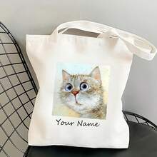 Customizable Name Adorable Gray Cat Print Lightweight Polyester Shoulder Bag - Tote With Fixed Strap, Open Top Design For Women, Perfect Gift For Mother's Day, Graduation, Weddings & Everyday Use, Cat Lover Gifts, Personalizable Gift, Simple Construction, Travel Accessory, Portable Design, Casual Handbag, Graduation Present - 白色 - 查看 1
