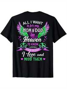 Camiseta Conmemorativa de Corazón - Tributo a Mamá y Papá, Cuello Redondo, Manga Corta, Negra, Perfecta para Halloween, Acción de Gracias, Navidad, Tallas S-XXXL, Ideal para Navidad, Perfecta para Acción de Gracias 180g - Negro - Ver 1