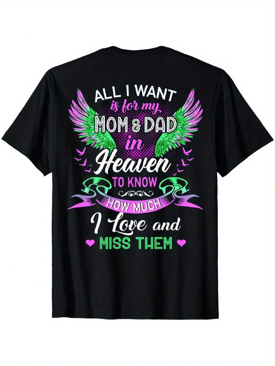 Camiseta Conmemorativa de Corazón - Tributo a Mamá y Papá, Cuello Redondo, Manga Corta, Negra, Perfecta para Halloween, Acción de Gracias, Navidad, Tallas S-XXXL, Ideal para Navidad, Perfecta para Acción de Gracias 180g - Negro - Ver 1