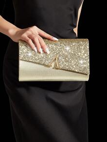 Shiny Sequin Evening Bag And Prom Bag, Fashionable New Women's Party Bag With V-Shaped Bridal Wedding Design, Paired With A Sparkling Three Pieces Evening Rhinestone Jewelry Set: Delicate Y-Shaped Chain Rhinestone Pendant Necklace, Earrings, And Bracelet, Suitable For Girls Attending Parties, Weddings, And Evening Events. - Gold - View 4