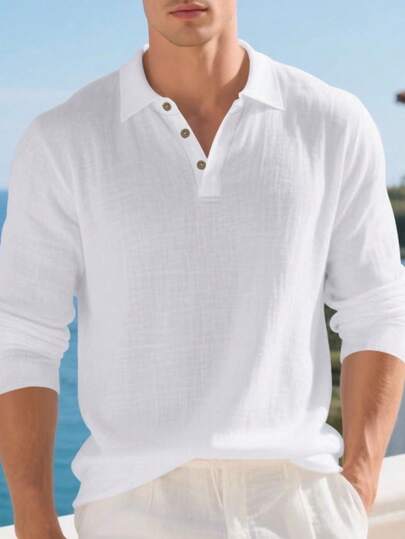 Men's Lightweight Linen Long Sleeve Polo Shirt, Half-Zip Button Design, Breathable And Comfortable, Suitable For Beach, Outdoor Activities, Family Gatherings (Note: White, Light Blue, Etc. Colors Are Slightly Sheer; European And American Sizes Run Large, Recommend Ordering One Size Down)