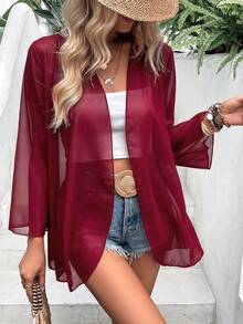 EARO 春季休闲纯色喇叭袖轻薄透视外套 - 酒紅色 - 查看 1