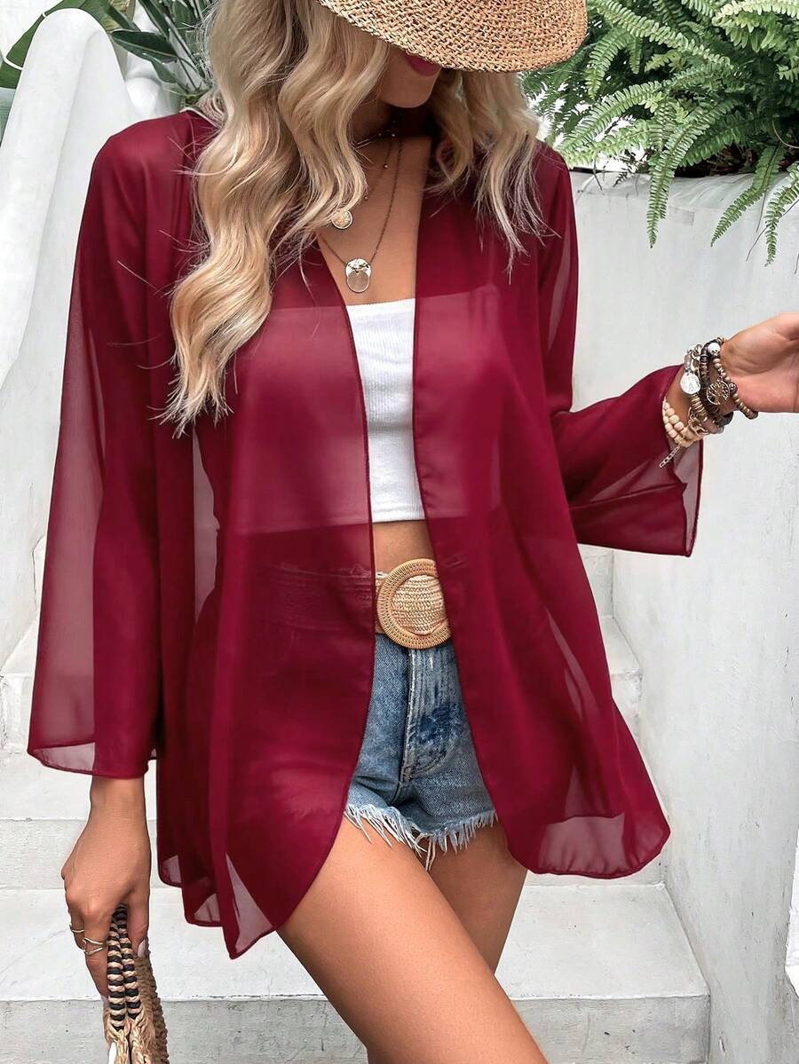 EARO 春季休闲纯色喇叭袖轻薄透视外套 - 酒紅色 - 查看 1