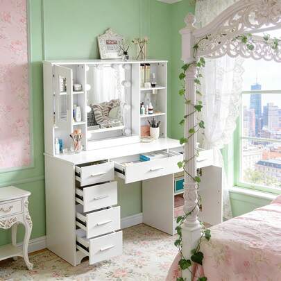 Vanity Table & 6 Drawers Dressing Table Modern Makeup Desk W/ LED Mirror - Perfect For Organizing Makeup, Skincare, Vanity Furniture, Compact For Small Space, Bedroom Decor Gift , Suitable For Christmas And Halloween Decorations