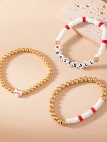 3pcs/Set Baseball Letter Beaded Bracelet, Sports Style Elastic Soft Clay Bracelet Set
