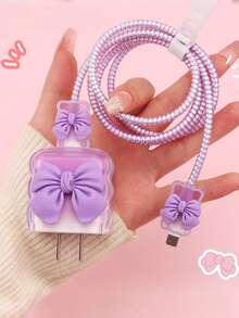 6pcs Cute Bow Candy Color Cable Protector Case, Data Cable Organizer Bag, Digital Accessories Storage Box, Anti-Drop Zipper Pouch, Compatible With 20W Fast Charger