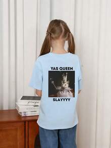 Tween Girls Casual Graphic Print Crew Neck Short Sleeve T-Shirt, Summer Top - Baby Blue - View 2