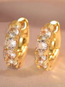 一对镶嵌圆形立方氧化锆的奢华经典耳环，适合女性在节日、婚礼、订婚、周年纪念日等场合佩戴，是理想的珠宝礼物。 - 金黃色 - 查看 5