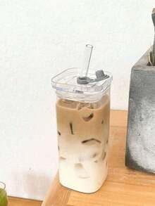 1pc 400ml Square Heat-Resistant Glass Cup With Lid And Straw, Transparent, Suitable For Tea, Juice, Home Bar Drinkware, Back To School Supplies - Multicolor - View 3