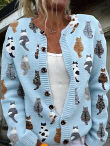 罗纹针织开衫毛衣，优雅长袖上衣，猫咪印花图案，宽松休闲时尚，舒适的秋冬服装，适合圣诞节和感恩节穿着。 - 藍色 - 查看 1