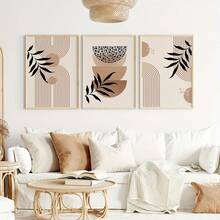 3pcs Frameless Neutral Modern Wall Art Bohemian Style Gallery, Contemporary Prints, Neutral Bohemian Style Brown Geometric Black Leaves Canvas Paintings - Green - View 4