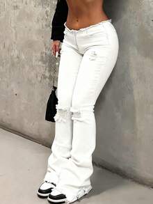 NVFelix Women's Low Rise Slim Fit Flared Pants Stretchy Fabric Distressed And Ripped Details Retro Casual Style Perfect For Winter Thanksgiving And New Year's White - White - View 5