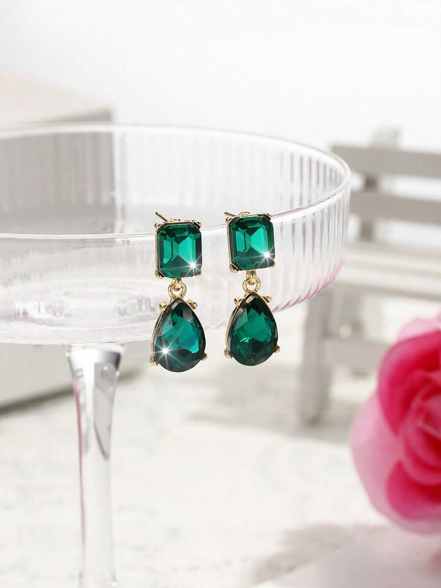 一对波西米亚风合金镶钻耳环，精致奢华优雅，流行百搭耳环 - 綠色 - 查看 1