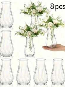 1/2/5/10pcs Plastic Striped Vase, Clear Glass Flower Vase, Floral Arrangement Craft Suitable For Various Bouquets And Decorative Display, Applicable For Holiday And Home Decor, Suitable For Table Decoration, Wedding, Family Dinner Vase Decor - White - View 8