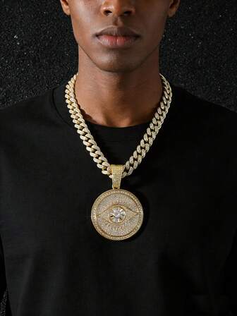1 pieza Cadena cubana con diamantes completos para hombre, estilo clásico de hip hop con colgante redondo de ojo de demonio