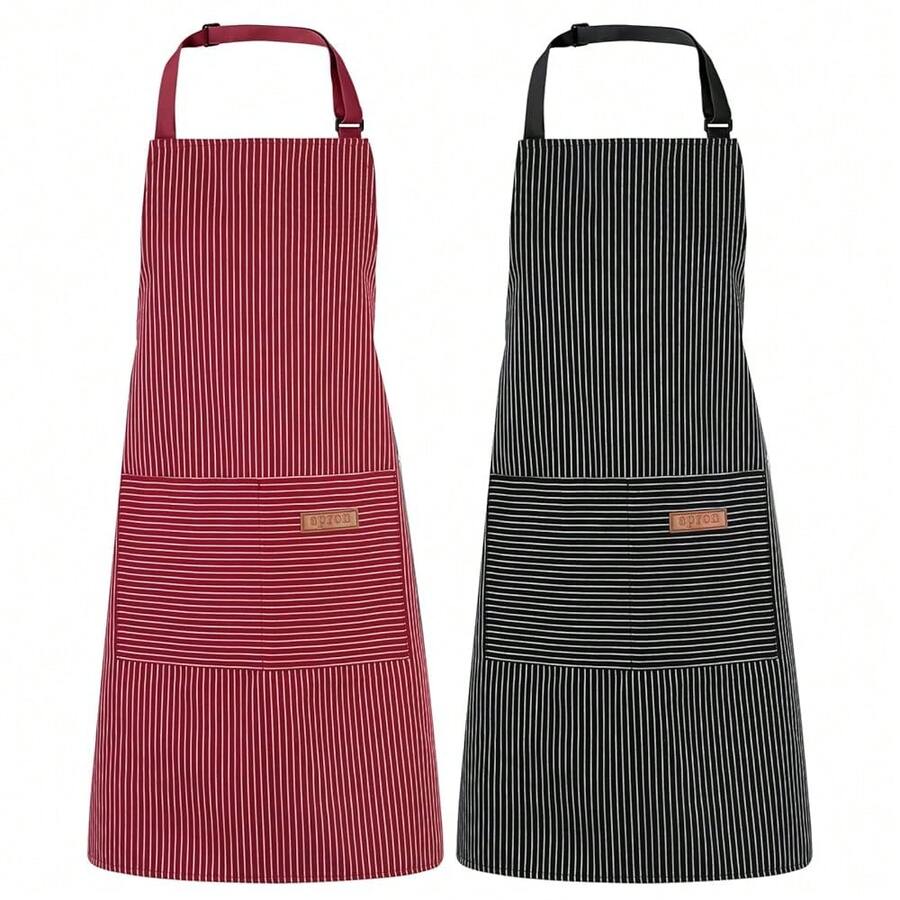 2 Pack Kitchen CooFKing Aprons, Adjustable Bib Chef Apron With 2 Pockets For Women Men, For CooFKing, Cleaning,Black+Red - 黑色+紅色 - 查看 1