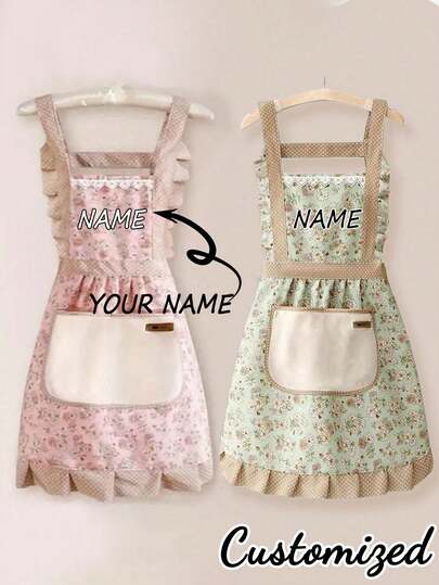 1pc Customized Fashionable Printed Apron, Elegant Custom Printed Apron For Women, Waterproof And Stain-Resistant, Cute Lace Skirt Apron, Black Stain-Resistant Sleeveless Apron, Suitable For Home, Kitchen, Nail Salon, Customizable Text And Personalized Photo Cooking Utensils, Washing Gloves