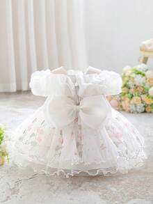 女婴无袖碎花网纱可爱花童礼服，适合一周岁生日派对、外出等场合，不含头饰 - 白色 - 查看 2