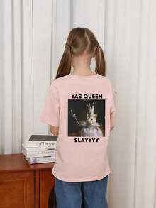 Tween Girl Casual Fun Graphic Print Crew Neck Short Sleeve T-Shirt Top, Summer - Pink - View 2