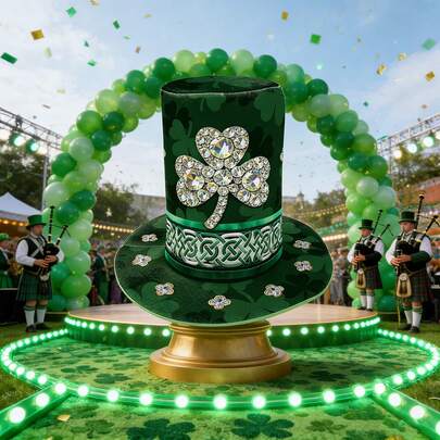 Green Shamrock Irish Festival Top Hat - Sparkling Clover Pattern Costume Cap For Men  Women   For St. Patrick's Day Parties