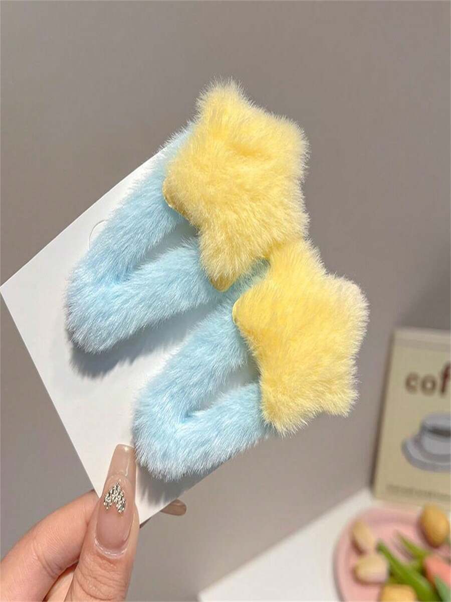2pcs Cute Fluffy Star Y2K Hair Clips, Faux Rabbit Fur Sweet Bangs Side Hair Clips, BB Clips Hair Accessories, Claw Clips, Hair Slide, Hair Barrettes - Multicolor - View 1