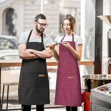 2 Pack Adjustable Bib Apron With 2 Pockets Chef CooFKing Kitchen Restaurant Aprons For Women Men,Wine/BlackPinstripes - Rượu vang/Sọc đen - Xem 6