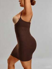 1pc Women's Plus Size High Waist Slimming Bodycon Dress (Spaghetti Strap Design), Size S-3XL, Specially Designed For Curvy Figures, Natural Lift And Tummy Control, Comfortable Stretchy Knit Fabric, Suitable For Everyday And Special Occasions, Flattering Silhouette, Highlighting Curves, All-Day Comfort And Fit, An Ideal Choice For Plus Size Women Seeking Confident And Stylish Look. - Brown - View 4