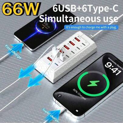 12-Port USB Fast Charging Station - 6 Type-C PD Ports + 6 USB-A Ports, Up To 25W Per Port, Compact Design, Charges Laptops/Tablets/Multiple Devices Quickly, Tech Enthusiast's Workspace Power Hub, Power Strip, USB Charger/Multi-Port Charger, USB Charging Station, Power Extension