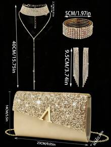 Shiny Sequin Evening Bag And Prom Bag, Fashionable New Women's Party Bag With V-Shaped Bridal Wedding Design, Paired With A Sparkling Three Pieces Evening Rhinestone Jewelry Set: Delicate Y-Shaped Chain Rhinestone Pendant Necklace, Earrings, And Bracelet, Suitable For Girls Attending Parties, Weddings, And Evening Events. - Gold - View 3