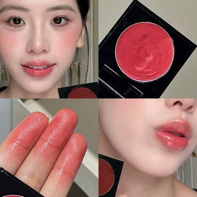 Silky Cream Dual Use Lip & Cheek Balm, Brighten Facial Complexion Long Lasting Non Sticky, Built-In Mirror Compact Rouge, Portable Daily Makeup Holiday Gift