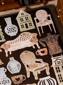 30Pcs 15 Style Vintage Hollow Cup House Vase Theme Paper Stickers Objects Life Literature Art Junk Journaling Planner Scrapbooking Decorative DIY Craft Material Sticker Scrapbook Supplies Stationery - Multicolor - View 9
