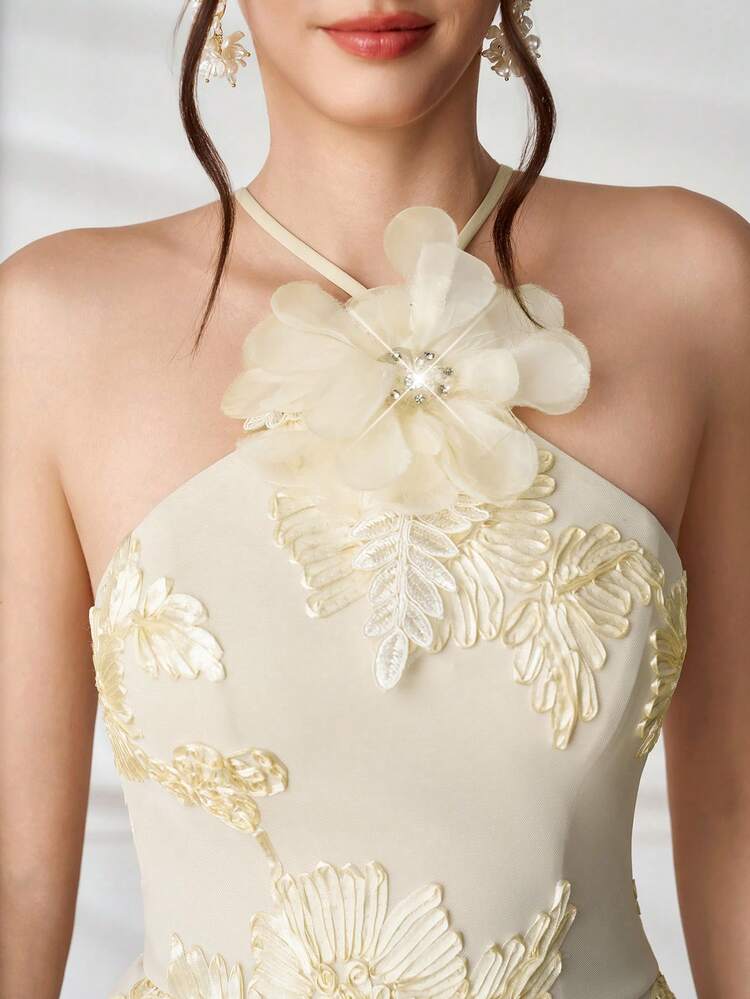 Elisanya Robe de cocktail sexy dos nu avec col montant, décoration florale 3D, robe de soirée longue ajustée à ourlet sirène pour événements formels, mariages, fêtes de mariage, soirées cocktail - Nude - Voir 3