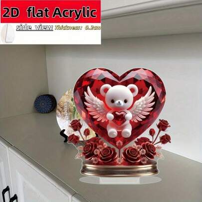 Decoración de escritorio romántica con oso de peluche de ángel plano 2D en forma de corazón, con rosa roja y acentos de cristal