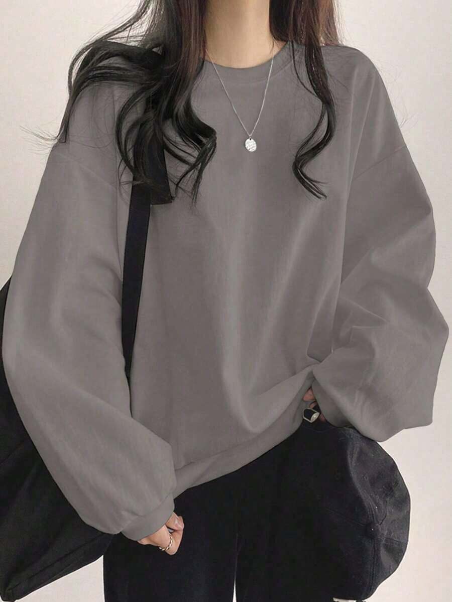 2026 Long Sleeve Tops WomenDAZY Solid Drop Shoulder Oversized Tee, Fall Clothes, Back To School Clothes SweatshirtLoose And Comfortablesudaderas Para Mujer Parke Sweatshirt - 淺灰色 - 查看 1