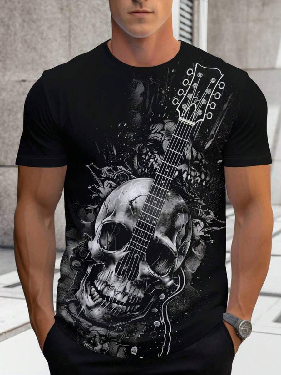 Men's Black T-Shirt With Realistic Skull Print In An Artistic Composition, Dark And Urban Style Men's Shirt For An Intense And Imposing Look, Men's T-Shirt With High-Definition Artwork, Ideal For Men Who Enjoy Rock, Gothic, And Streetwear Style, Striking Design That Conveys Strength, Mystery, And Personality, Perfect For Daily Wear, Night Events, Concerts, And Modern Combinations, Made From Quality Cotton With A Comfortable Feel, Fitted Cut, And Reinforced Seams, Men's T-Shirt Designed For Those Who Want To Stand Out With A Strong And Authentic Style - màu đen - Xem 1