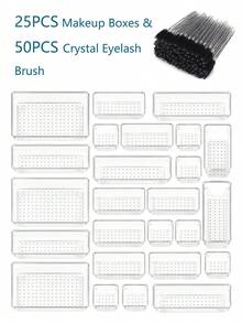 25 PCS Clear Plastic Drawer Organizers &50pcs Crystal Eyelash Brush Set, 4-Size Versatile Bathroom And Vanity Drawer Organizer Trays, Storage Bins For Makeup, Bedroom, Kitchen Gadgets Utensils And Office Mascara Wands Applicator Eyebrow Wands Makeup Brush Kits Eyelash Extension Tools - 無色 - 查看 10