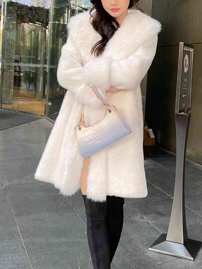 女士奢华纯色仿毛皮长领大衣，冬季理想之选