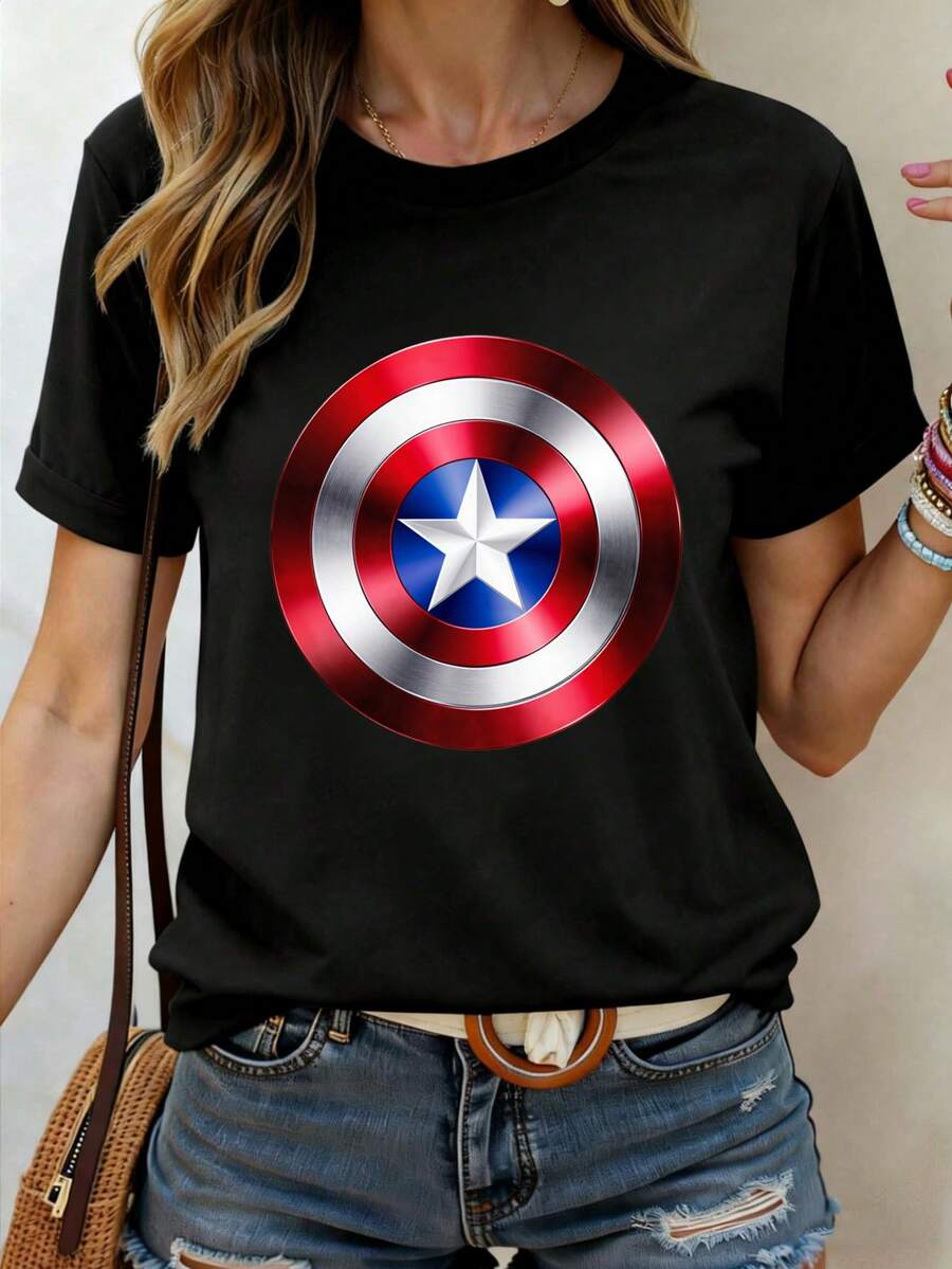 Sports Event Printed T-Shirt Shield Graphic T Shirt Women Casual Short Sleeve Top Superhero Costume Tee White Suitable For Sports Activitiesholiday Partiesoutingssports - trắng - Xem 1