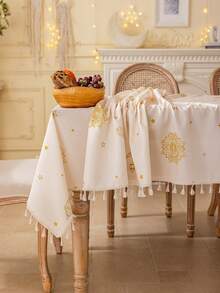 1 chiếc khăn trải bàn màu be với họa tiết ngôi sao vàng, mặt trăng và đèn lồng kiểu Bohemian, hình chữ nhật, họa tiết tre 3D, trang trí tua rua màu be, có thể giặt, thích hợp cho các buổi họp mặt, bữa tối, lễ hội kiểu Ả Rập, quà tặng. - Màu be - Xem 8