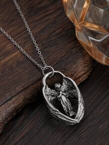 1件复古天使翅膀项链，独特，适合男士，秋冬季毛衣链 - 銀色 - 查看 3