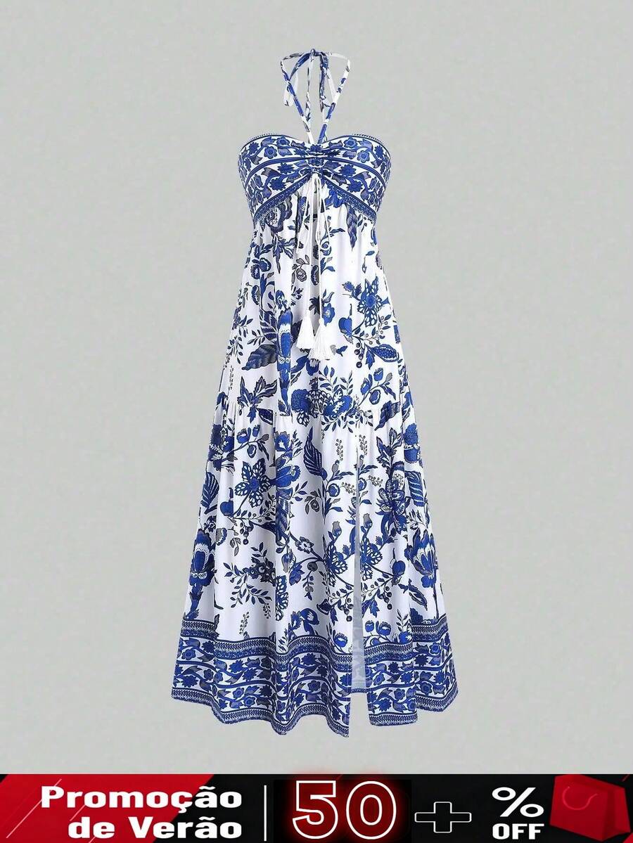 Bohemian Style Beach Dress, Luxurious Spaghetti Strap Summer Long Dress For Vacation, Maxi Outfit For Women - 藍色 - 查看 1