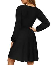 Women's Black V Neck Long Bishop Sleeve A Line Boho Midi Dress With Flared Hem And Wrap Details - 黑色 - 查看 2