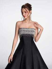Anymoon 女士高腰长款晚礼服，胸前饰有仿珍珠和水钻，适合派对、春季婚礼等场合，黑色 - 黑色 - 查看 3