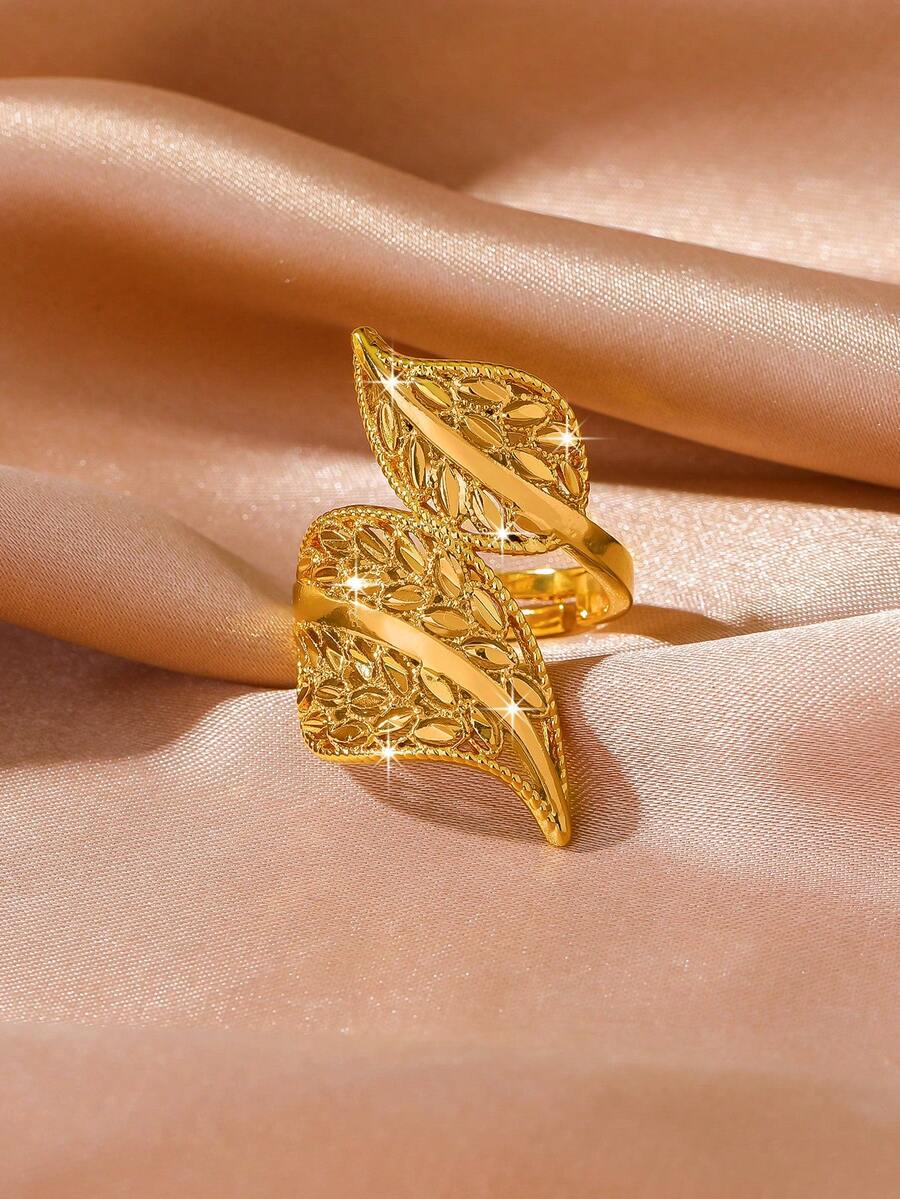 1 pieza Anillo ajustable con diseño de hoja hueca chapado en oro de 24K, elegante y versátil, adecuado para uso diario de mujeres - Amarillo Oro - Ver 1