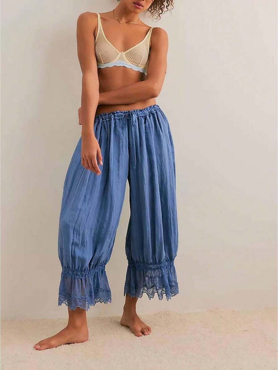 Womens Cropped Pants, Loose Mid Rise Patchwork Lace Lantern Trousers, Casual Streetwear Fashion Pants For Spring Summer Daily Wear - Blue - View 1