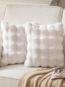 1件装饰性仿兔毛抱枕套（不含填充物），现代法兰绒毛绒抱枕套，拉链封口，适用于家居、沙发、客厅 - 彩色 - 查看 2