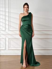 Asymmetric Off-Shoulder Satin Slit Bridesmaid Dress, Elegant Mermaid Style Dress For Weddings, Parties, Receptions And Other Occasions, Spring/Summer New Arrival - Dark Green - View 6