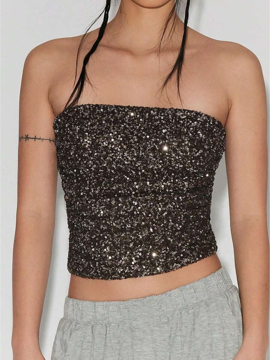 Womens Sparkly Sequin Mermaid Crop Tops, Strapless Metallic Tube Tops For Party Clubwear - 彩色 - 查看 1