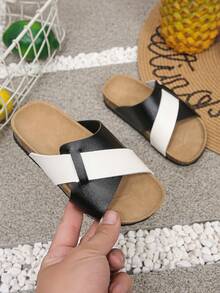 Holiday Season Kids Slippers Black White Cross Strap Comfortable Beach Slides - Black and White - View 3